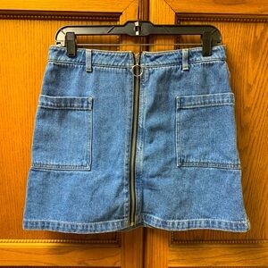 Topshop Moto Denium Blue Jean Mini Full Zip Up Skirt Size 8 Pockets